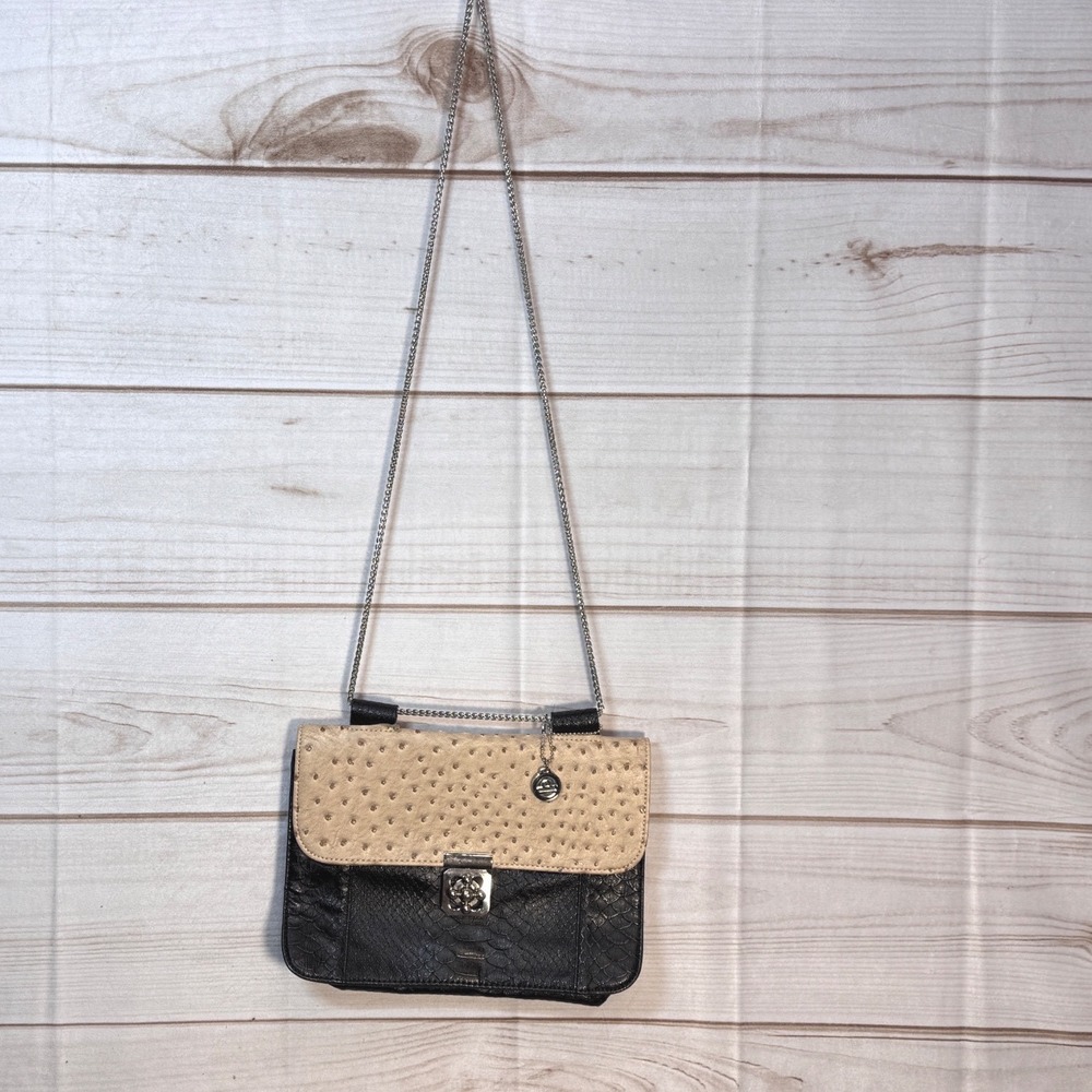 Big Buddha Crossbody Bag Womens Small Black Tan Ostrich Snakeskin Mixed Texture